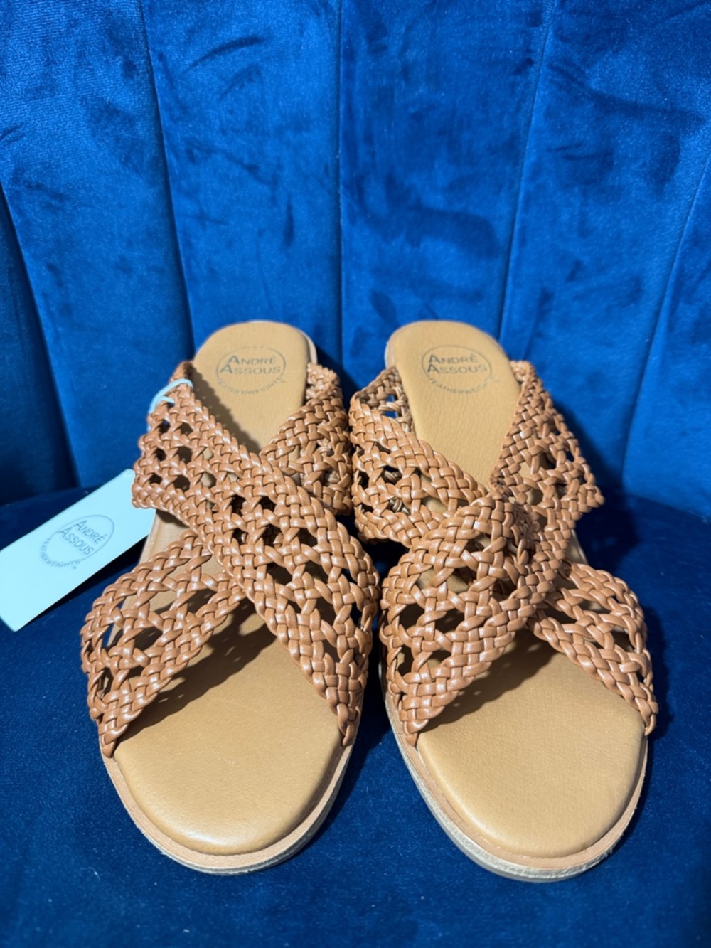 Andre Assous Woven Cross-Band Tan Slide Sandals - Women Size 9 NWT - Picture 2 of 6